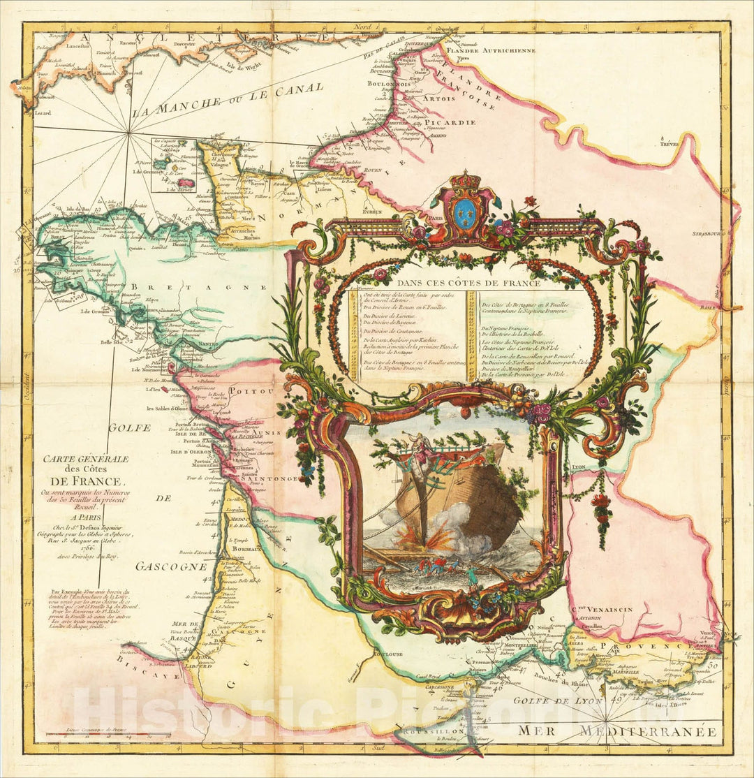 Historic Map : Carte Generale des Cotes de France ou sont marques les Numeros des 50 Feuilles du present Recueil, 1766, 1766, Louis Charles Desnos, Vintage Wall Art