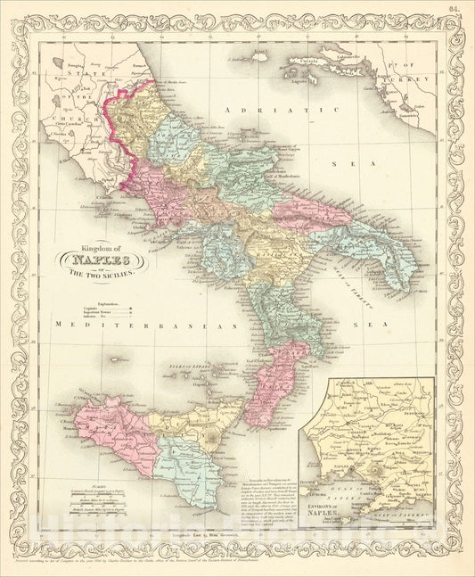 Historic Map : Kingdom of Naples or The Two Sicilies, 1857, Charles Desilver, Vintage Wall Art