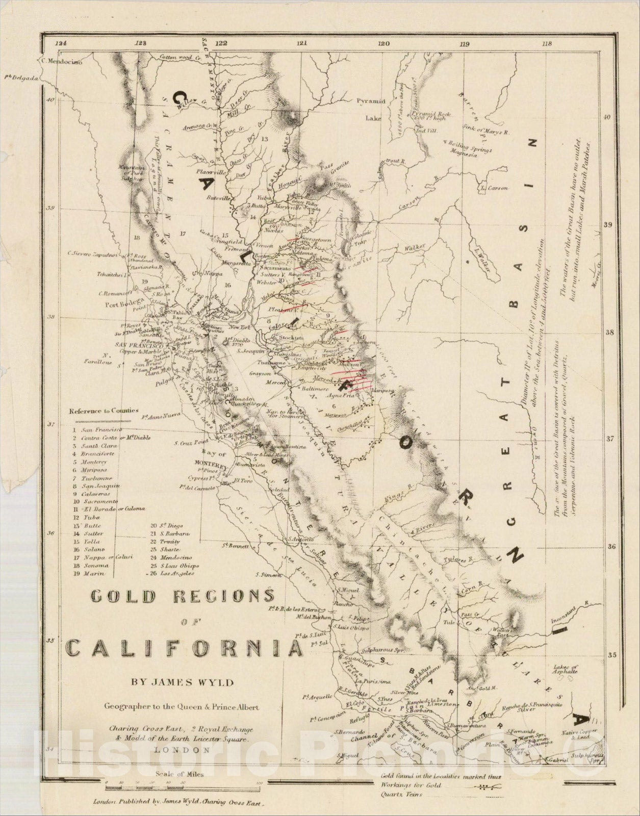 Historic Map : Gold Regions of California By James Wyld Geographer to the Queen & Prince Albert, 1852, James Wyld, Vintage Wall Art