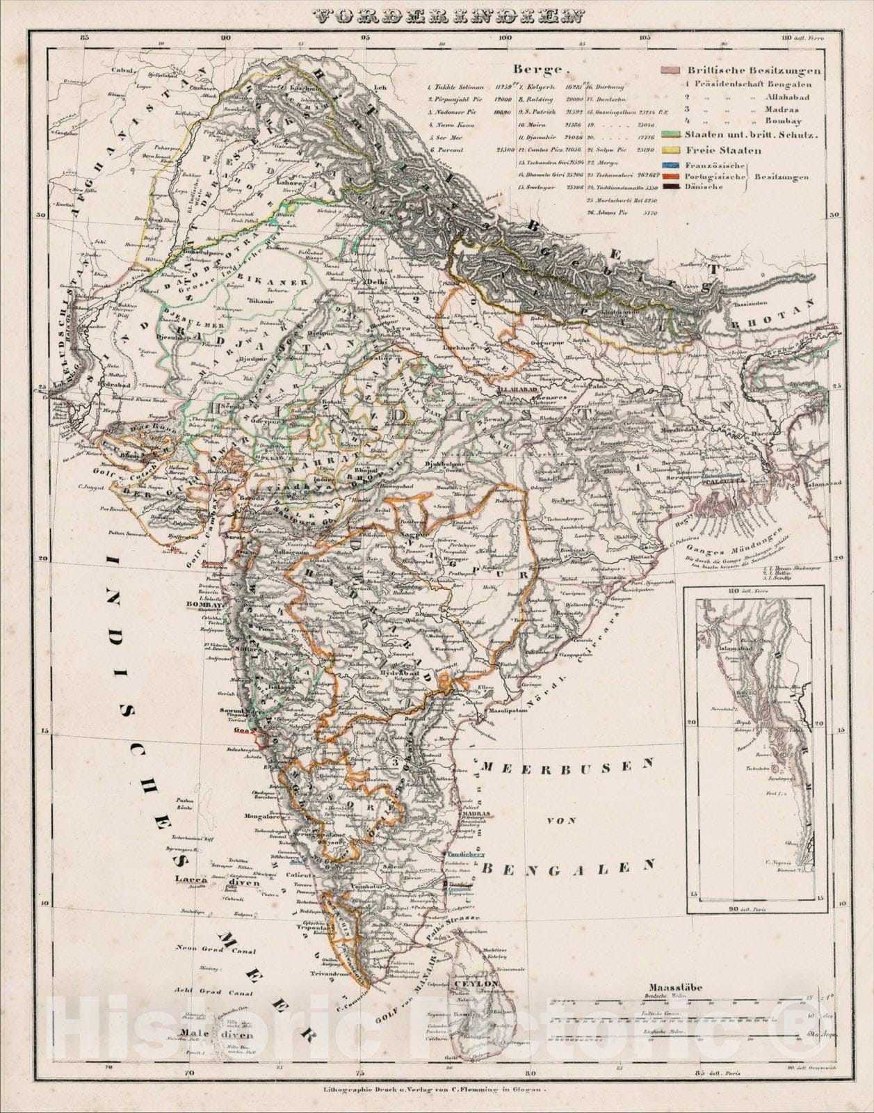 Historic Map : Vorderindien, c1845, Carl Flemming, Vintage Wall Art