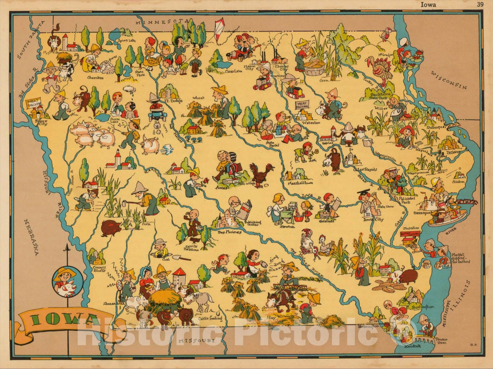 Historic Map : Iowa, 1935, Ruth Taylor White, v2, Vintage Wall Art