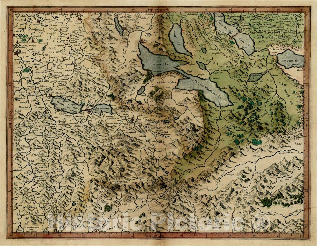 Historic Map : [Argow & Zurichgow] (Lucerne, Bern, Thuner See, Lucerner See, Zurich See, etc., with gold highlights), 1595, Gerard Mercator, Vintage Wall Art
