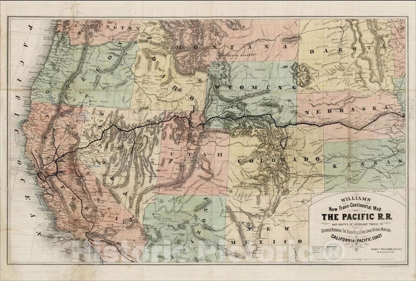 Historic Map : The Pacific R.R. and Routes To Colorado, Nebraska, The Black Hills, Utah, Idaho, Nevada, Montana California and the Pacific Coast, 1876, Vintage Wall Art