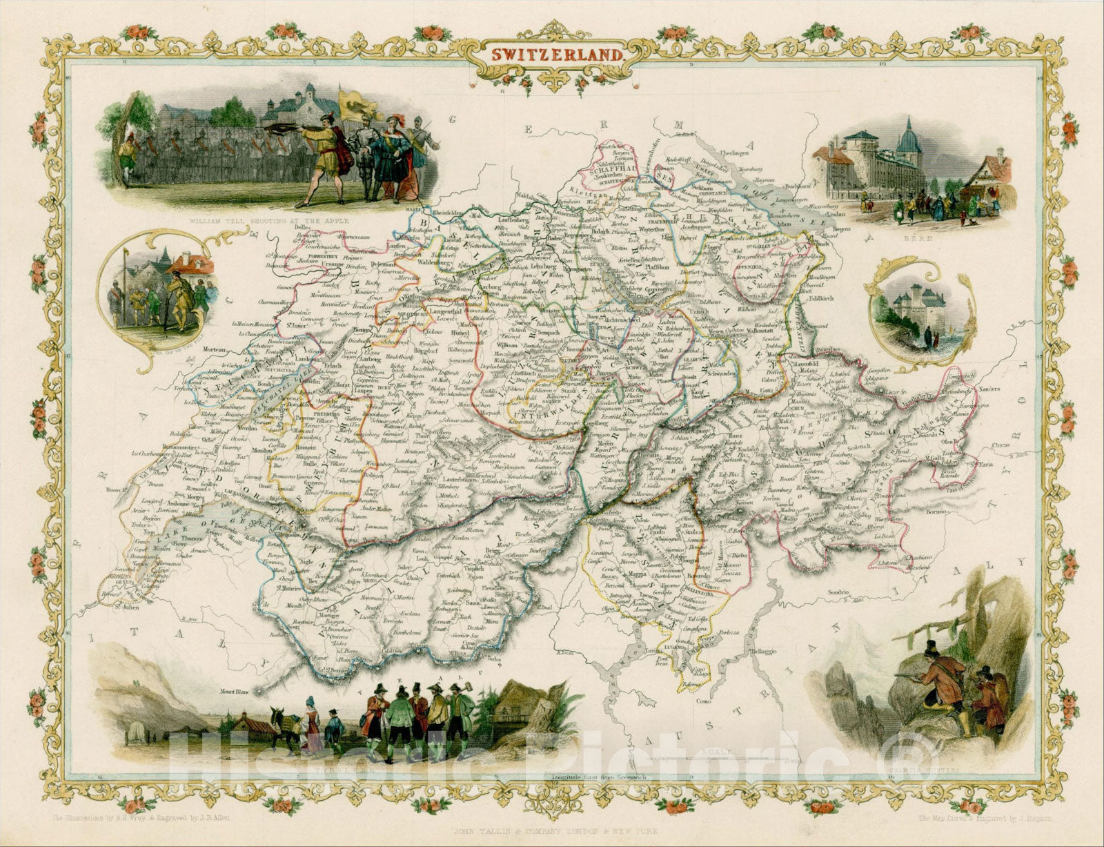 Historic Map : Switzerland, 1851, John Tallis, v4, Vintage Wall Art