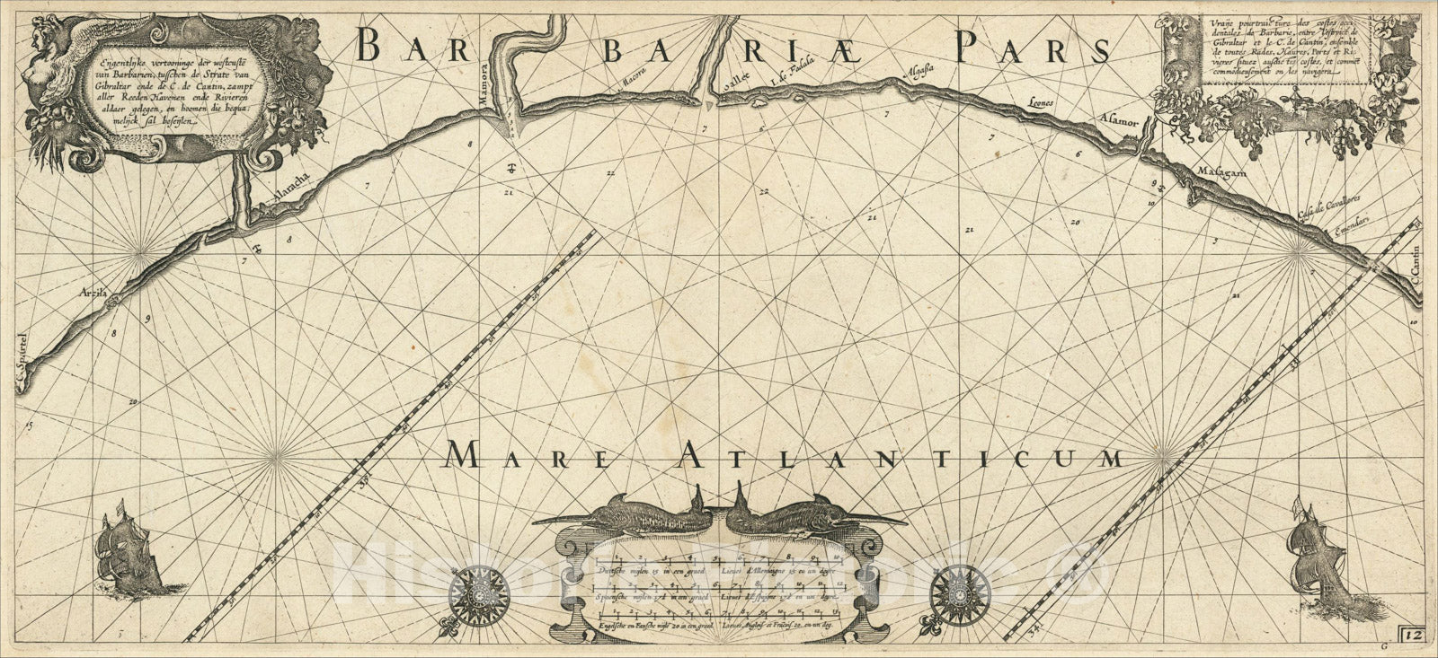 Historic Map : Morocco Coast -- Tangiers to El Beddouza, 1608, Willem Janszoon Blaeu, Vintage Wall Art