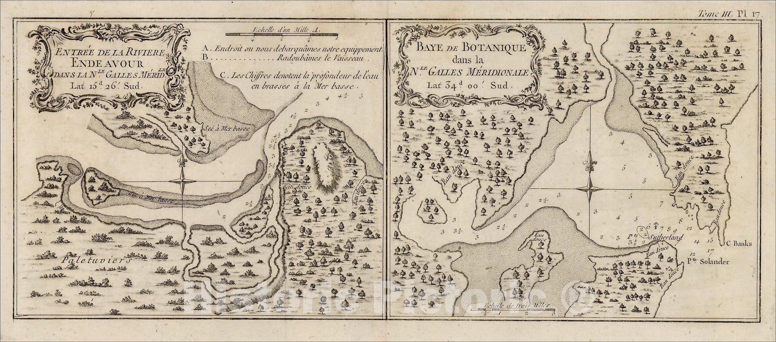 Historic Map : Entree de la Riviere Endeavour dans la Nle. Galles Merid. with Baye de Botanique dans la Nle. Galles Meridionale, 1774, James Cook, Vintage Wall Art