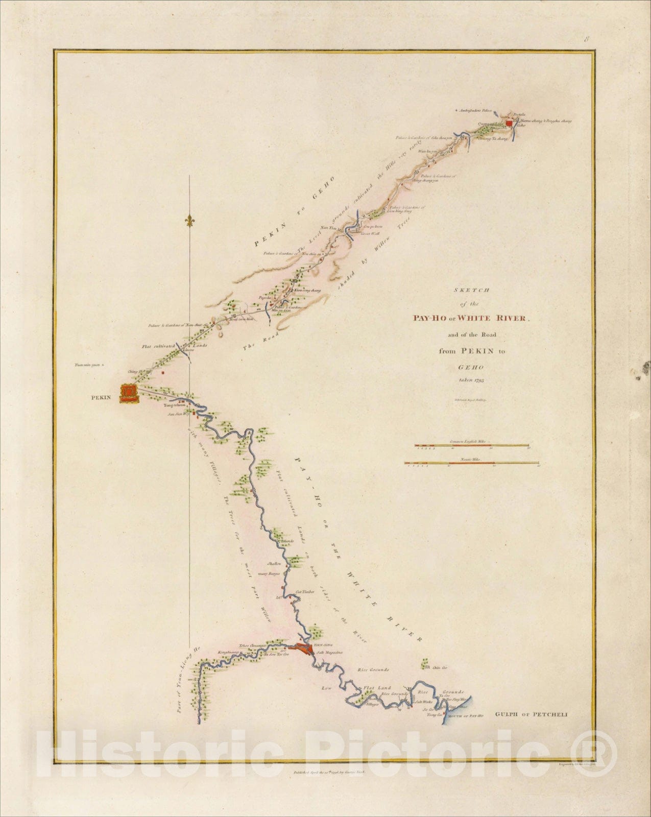 Historic Map : Sketch of the Pay-Ho or White River and of the Road from Pekin to Geho taken 1793, 1796, George L. Staunton, v2, Vintage Wall Art