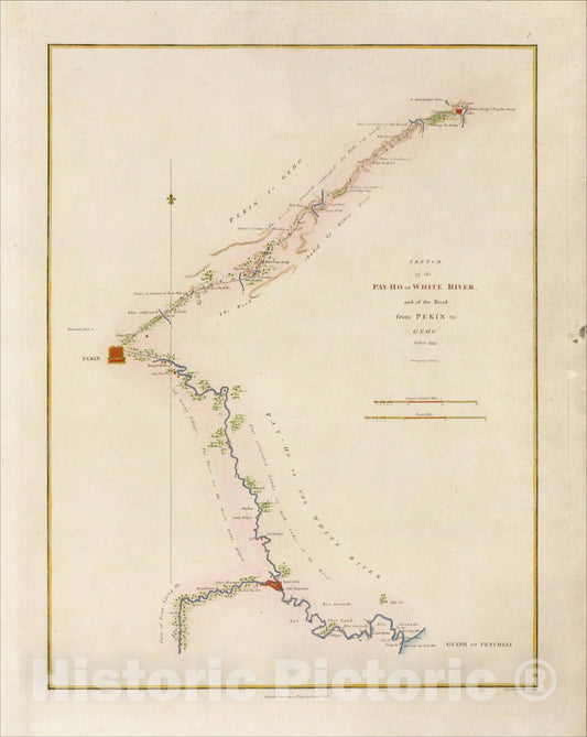 Historic Map : Sketch of the Pay-Ho or White River and of the Road from Pekin to Geho taken 1793, 1796, George L. Staunton, v2, Vintage Wall Art