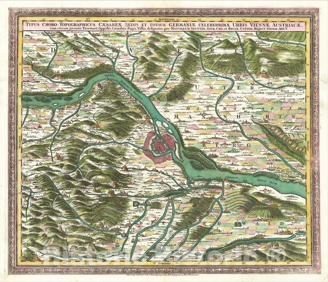 Historic Map : Typus Choro-Topographicus Caesareae Sedis et Totius Germaniae Celeberrimae Urbis Viennae Austriacae, 1730, Matthaus Seutter, Vintage Wall Art