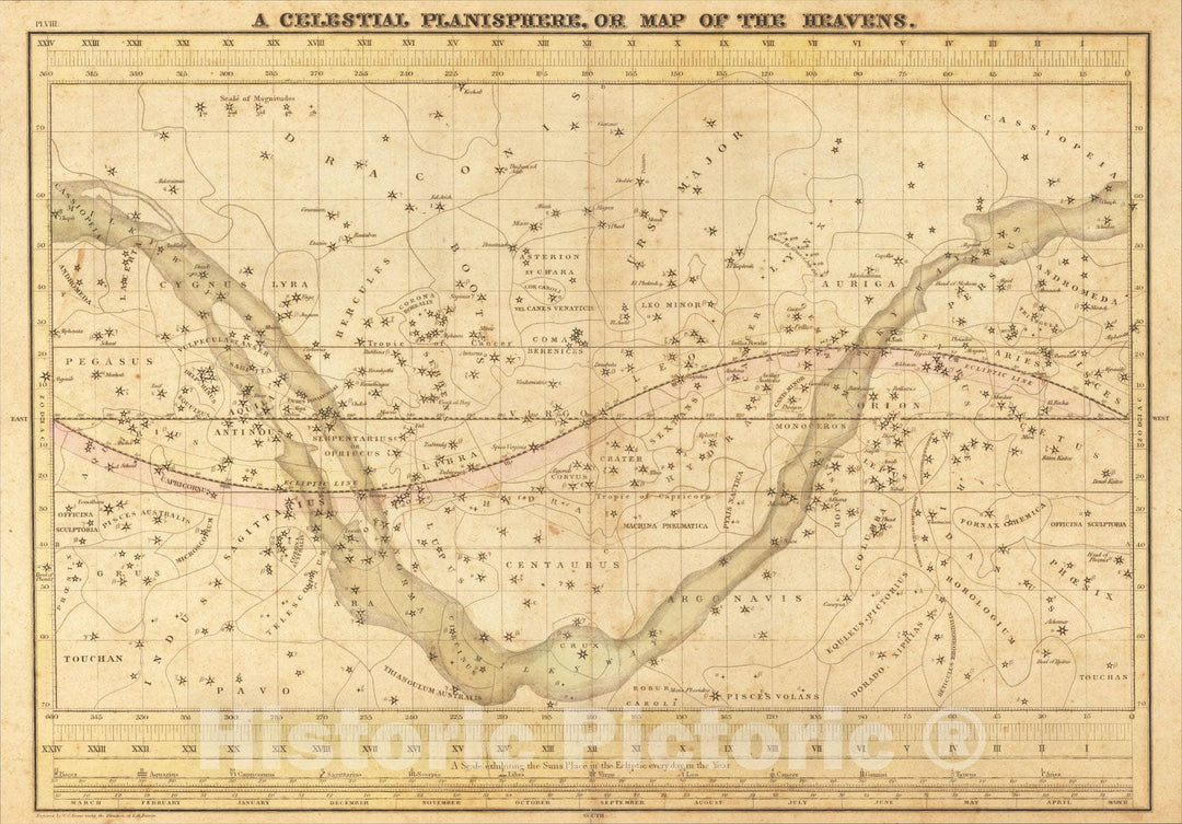 Historic Map : A Celestial Planisphere, Or Map of the Heavens, 1835, Elijah J. Burritt, v2, Vintage Wall Art