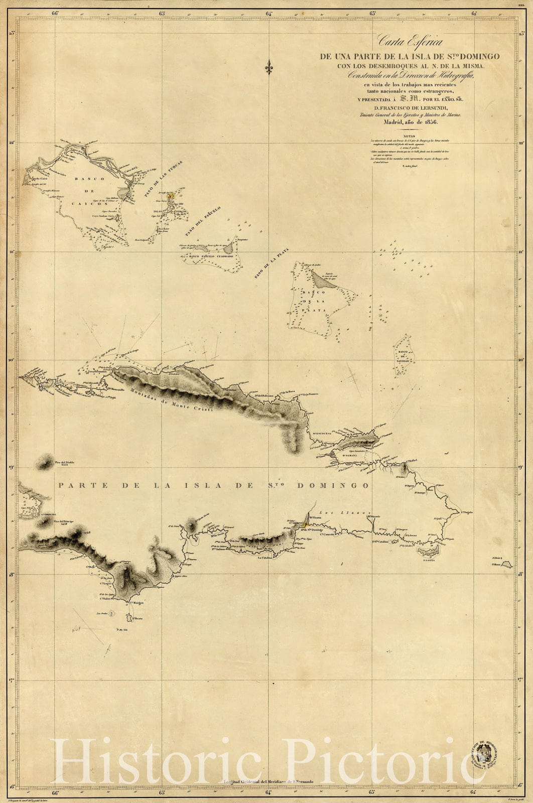 Historic Map : [Turks & Caicos, 1862, Direccion Hidrografica de Madrid, Vintage Wall Art