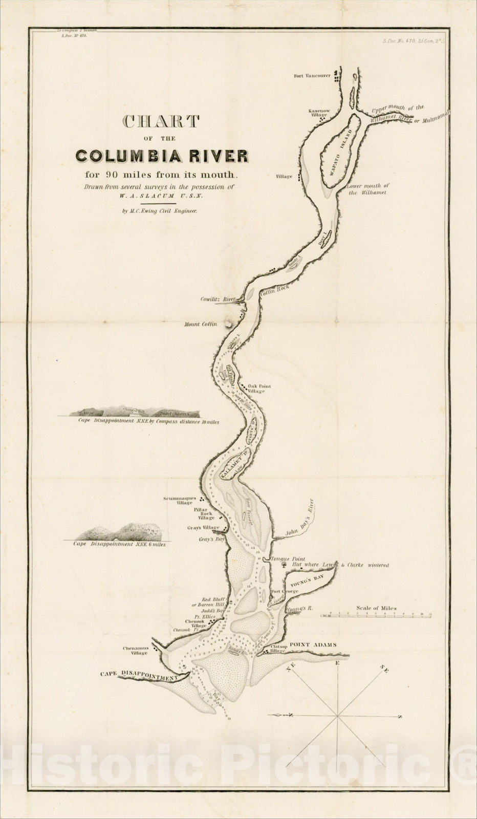 Historic Map : Chart of the Columbia River for 9 miles from its mouth, 1835, W.A. Slocum, v3, Vintage Wall Art