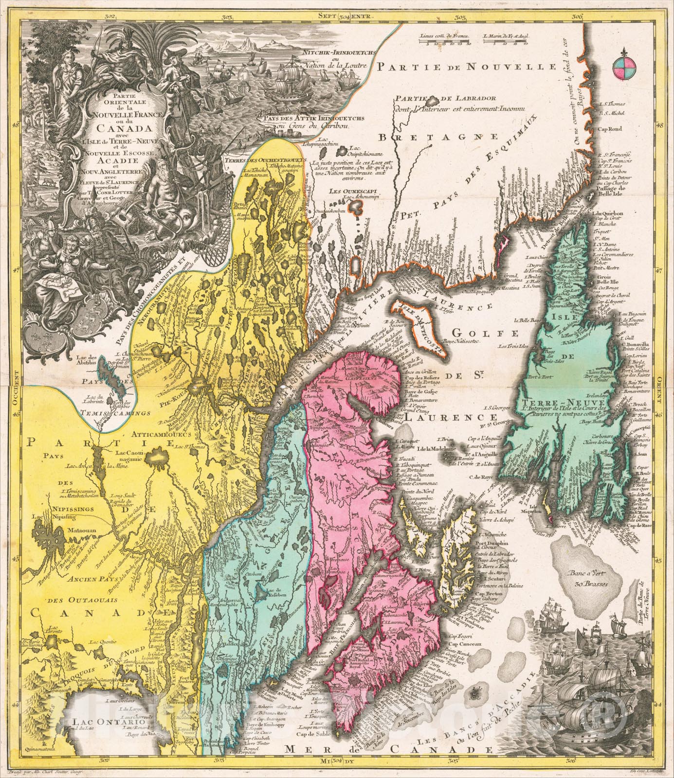 Historic Map : Partie Orientale de la Nouvelle France ou du Canada, 1750, Tobias Conrad Lotter, Vintage Wall Art