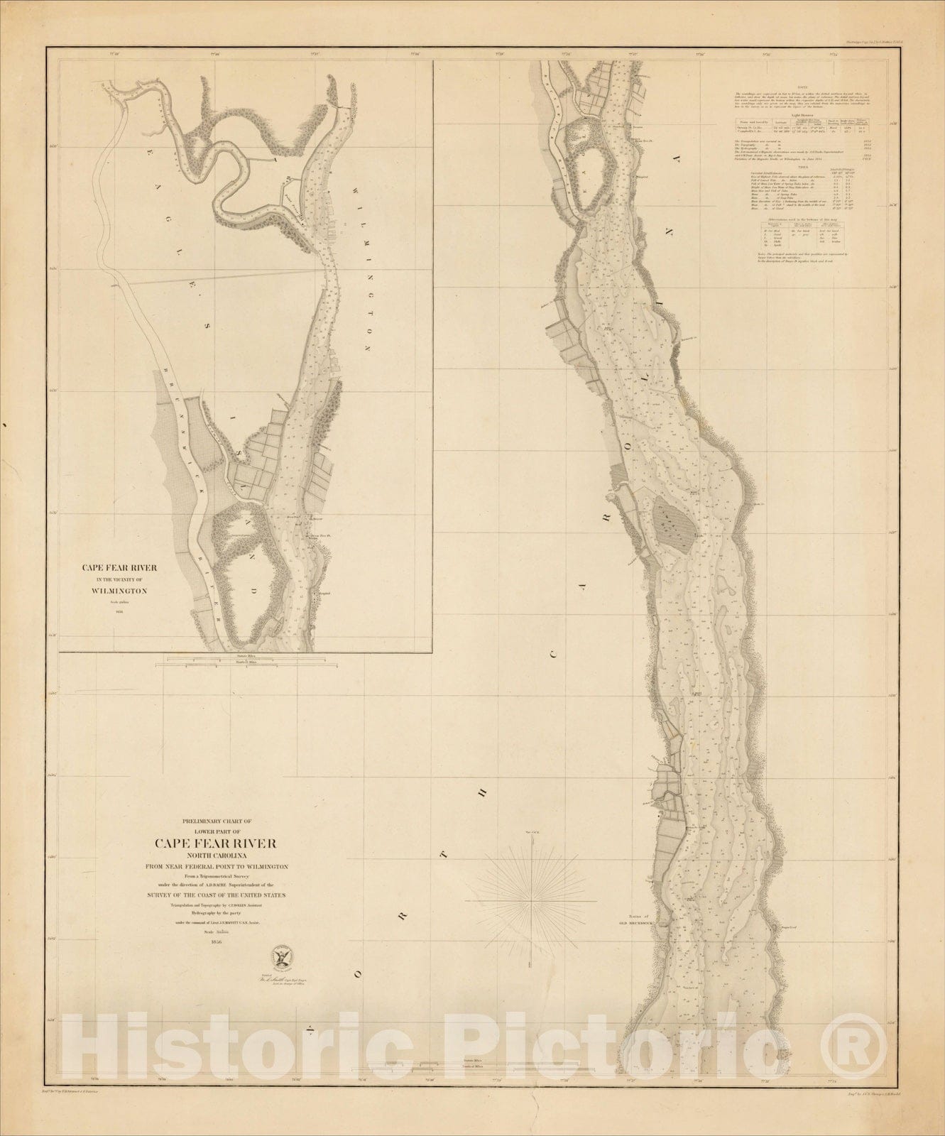 Historic Map : Preliminary Chart of Lower Part of Cape Fear River From Near Federal Point To Wilmington, 1856, United States Coast Survey, Vintage Wall Art