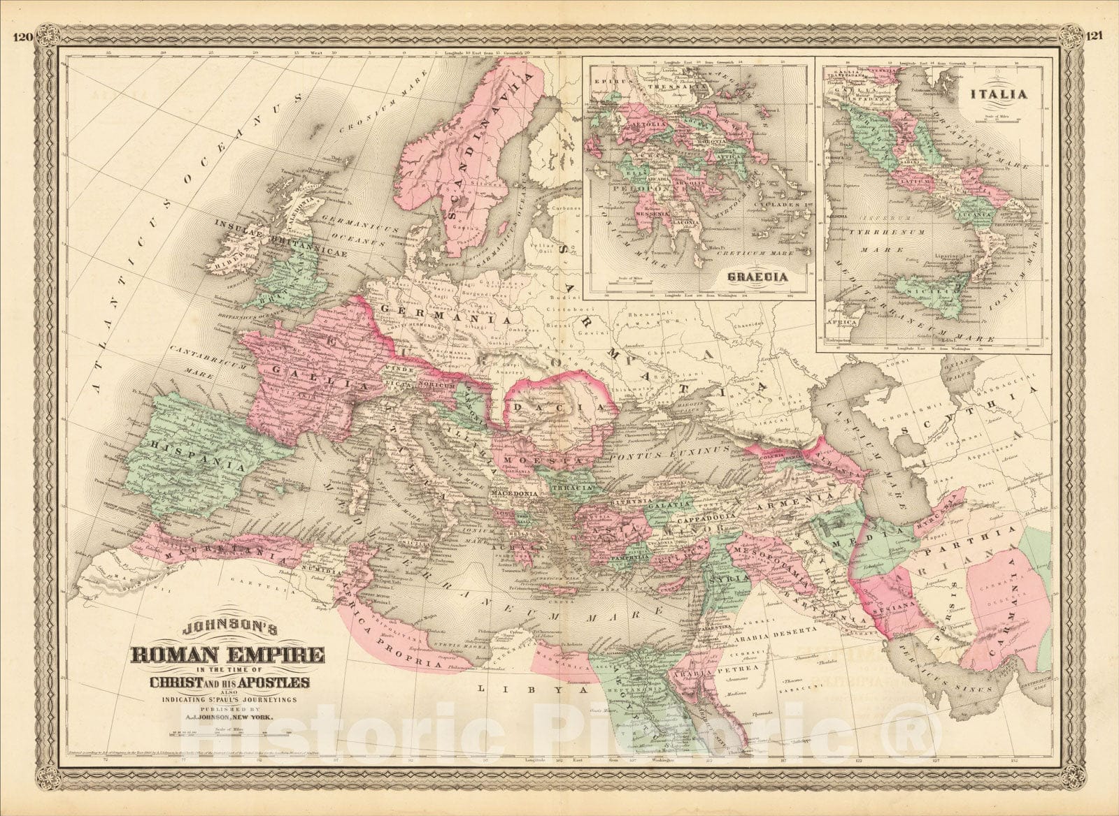 Historic Map : Johnson's Roman Empire in the Times of Christ and the Apostles also Indicating St. Paul's Journeyings, 1880, Alvin Jewett Johnson, Vintage Wall Art