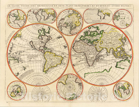 Historic Map : Le Globe Terrestre Represente En Deux Plans-Hemispheres et en Diverses Autres Figures, 1742, 1742, Jean-Baptiste Nolin, Vintage Wall Art