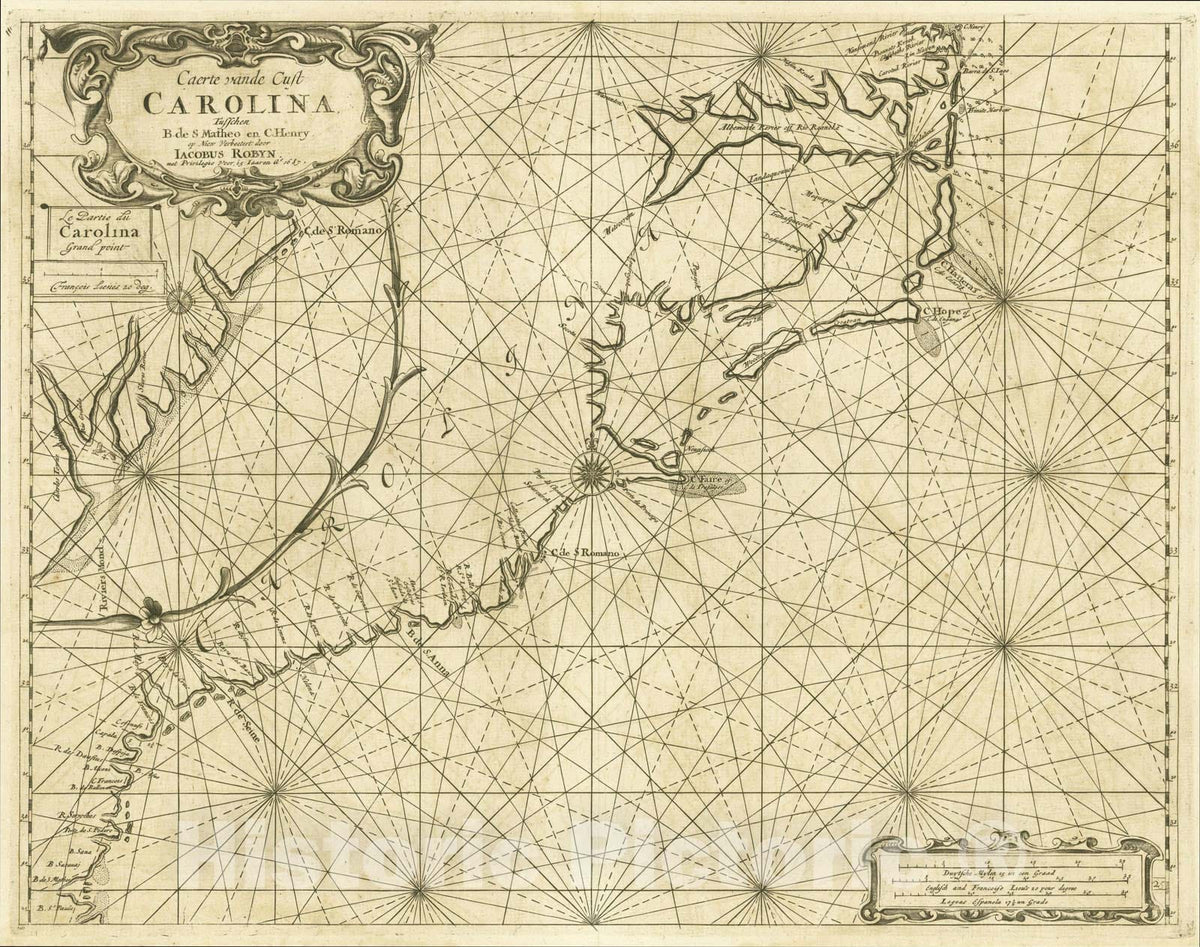 Historic Map : Caerte vande Cust Carolina Tusschen B. de S. Matheo en C. Henry, 1687, 1687, Jacobus Robijn, Vintage Wall Art