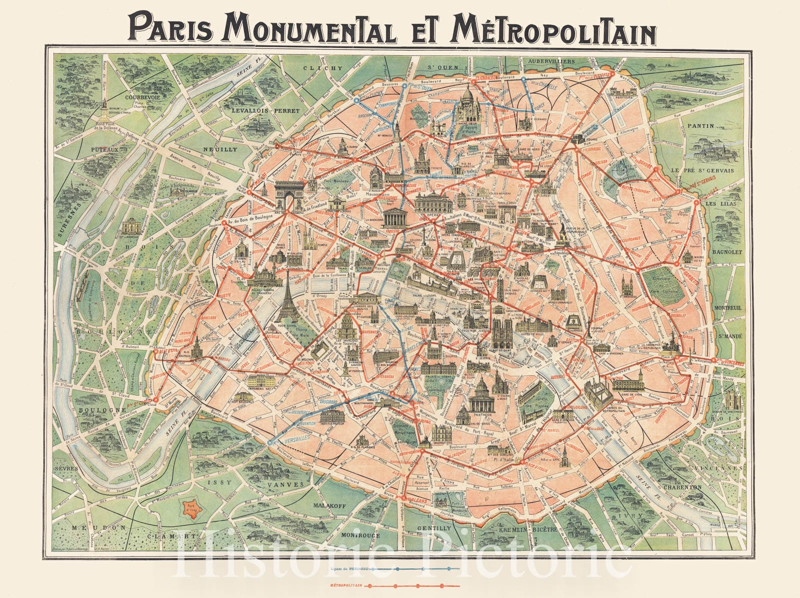 Historic Map : Paris Monumental et Metropolitan, c1920, Robelin, Vintage Wall Art