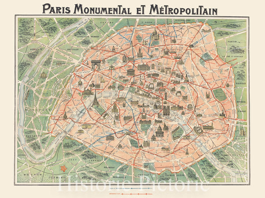 Paris - Monumental and Metropolitan Map, 1920 circa