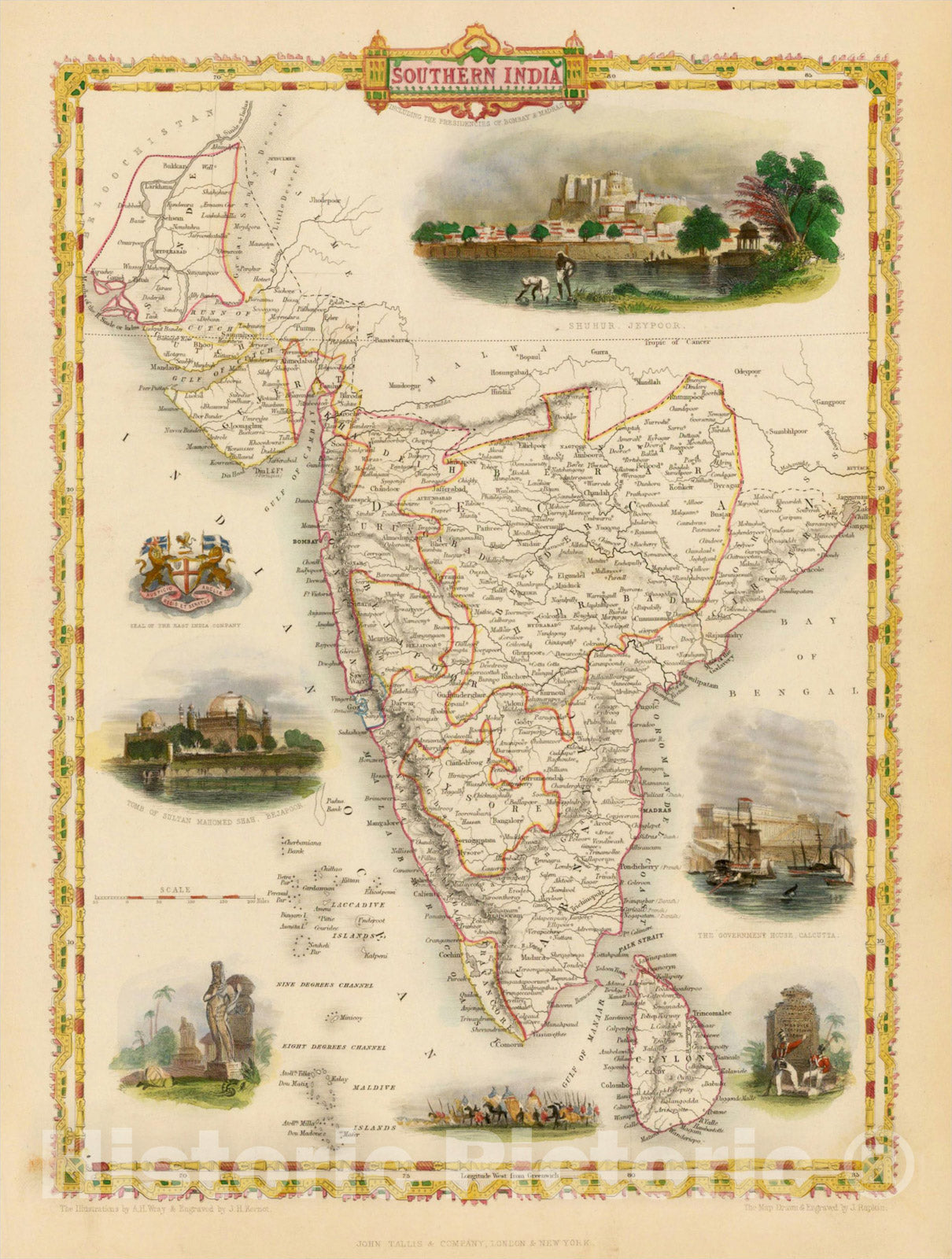 Historic Map : Southern India, 1851, John Tallis, v5, Vintage Wall Art