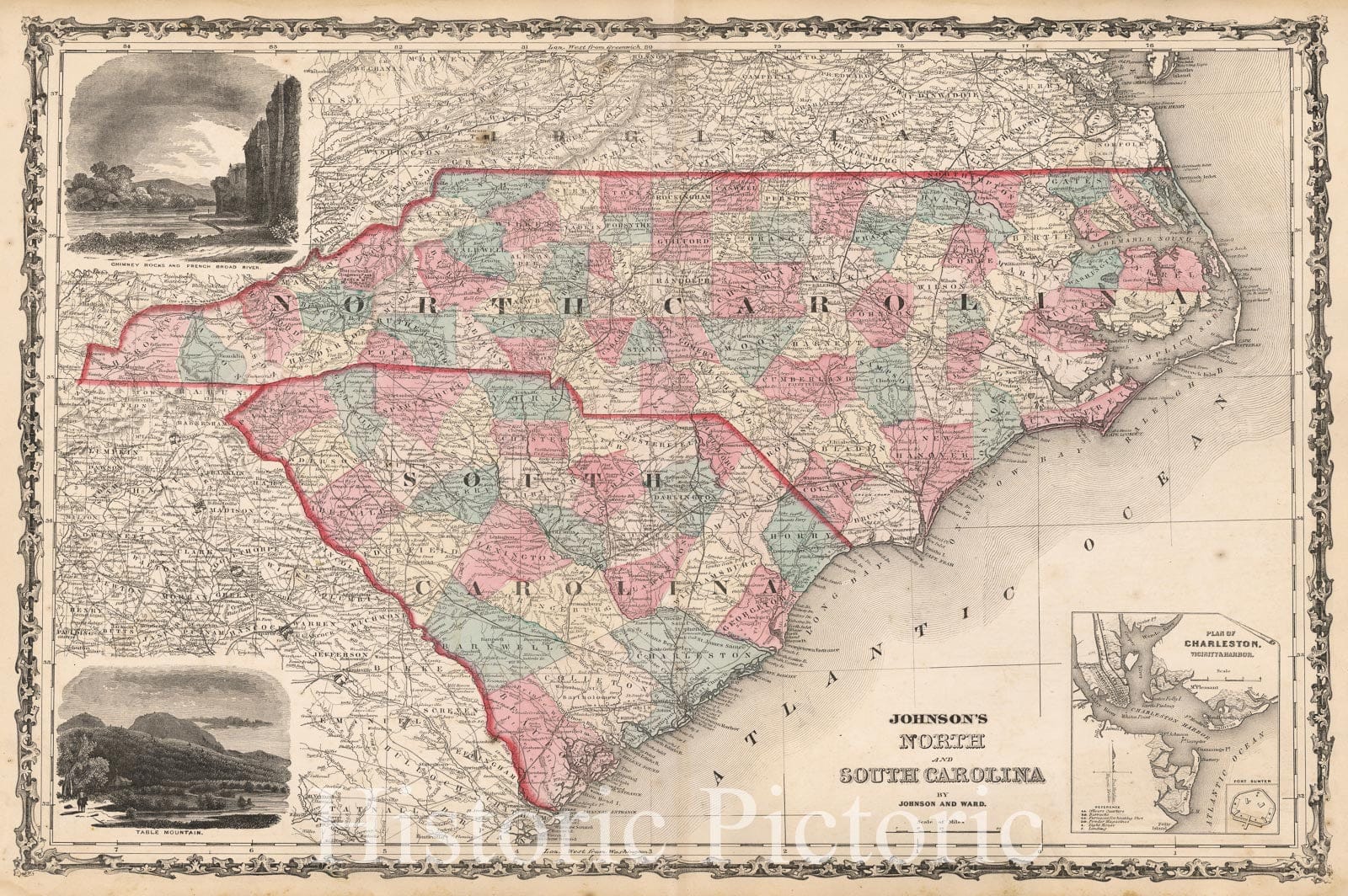 Historic Map : Johnson's North and South Carolina (with large inset of Charleston Harbor), 1863, Benjamin P Ward, Vintage Wall Art