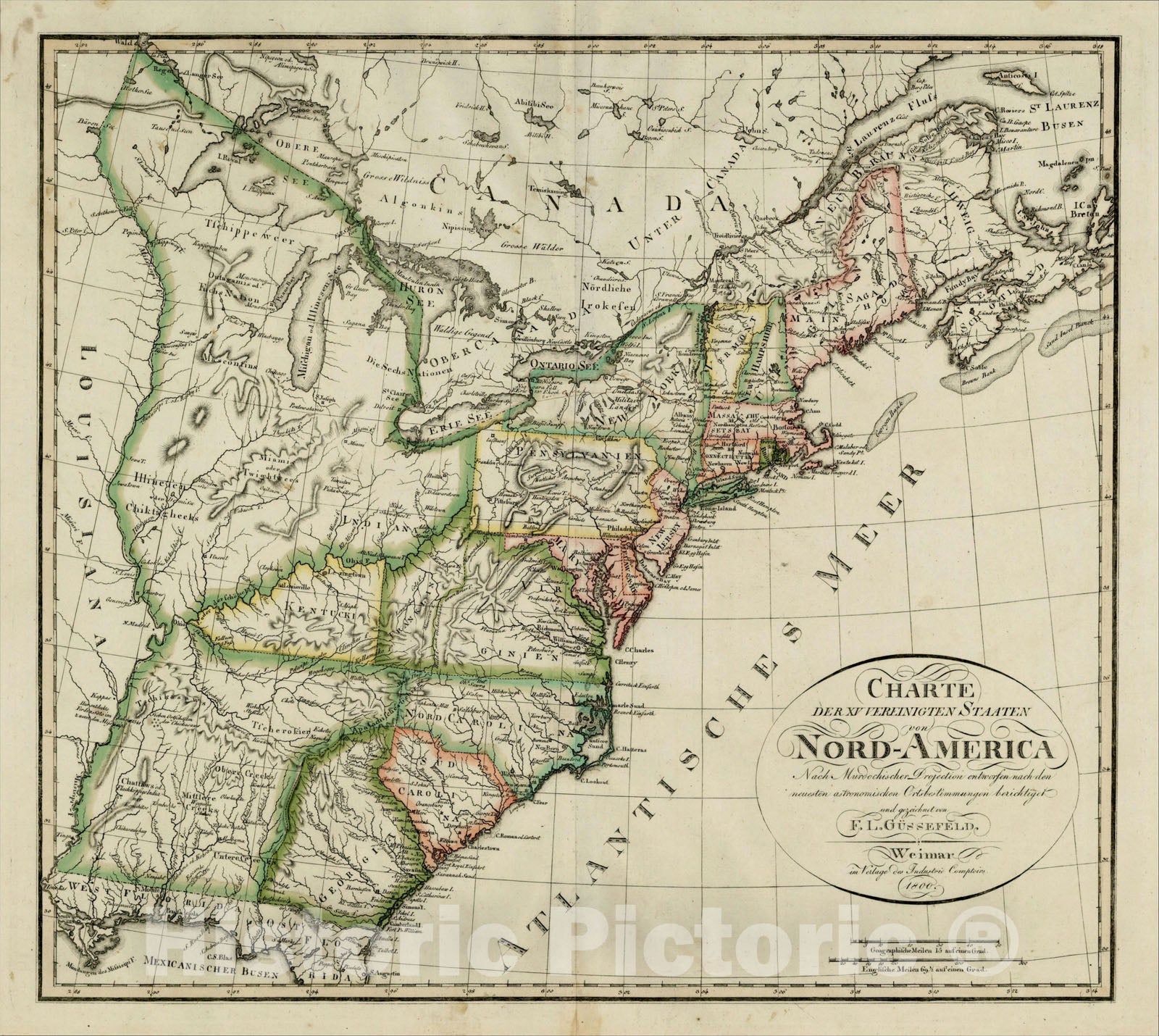 Historic Map : Charte Der XV Vereinigten Staaten von Nord-America Nach Murdochischer Projection, F.G. Gussefeld, 18, 1800, Franz Ludwig Gussefeld, Vintage Wall Art