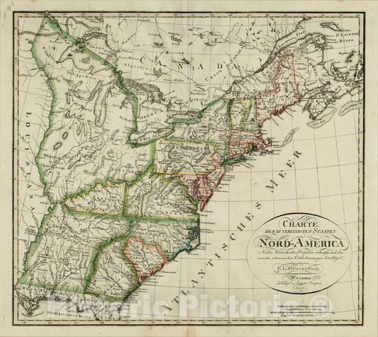 Historic Map : Charte Der XV Vereinigten Staaten von Nord-America Nach Murdochischer Projection, F.G. Gussefeld, 18, 1800, Franz Ludwig Gussefeld, Vintage Wall Art