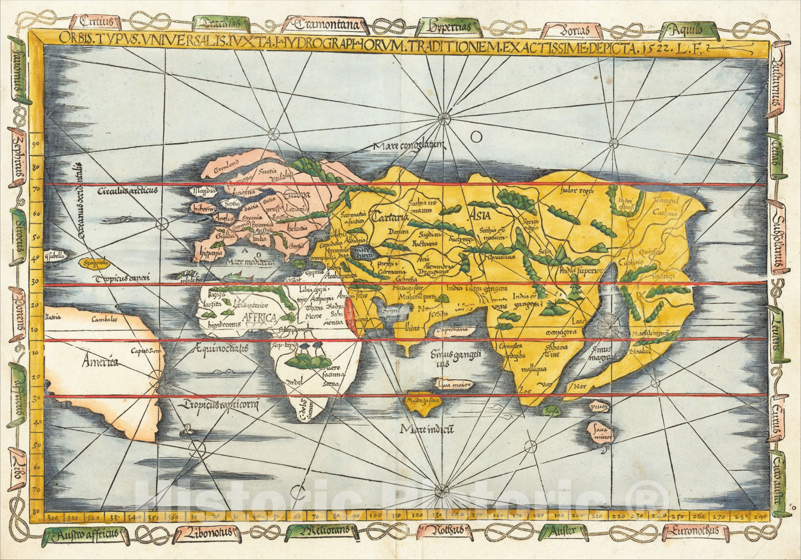 Historic Map : Orbis Typus Universalis Iuxta Hydrographorum Traditionem Exactissime Depicta. 1522. L.F., 1522, Lorenz Fries, Vintage Wall Art