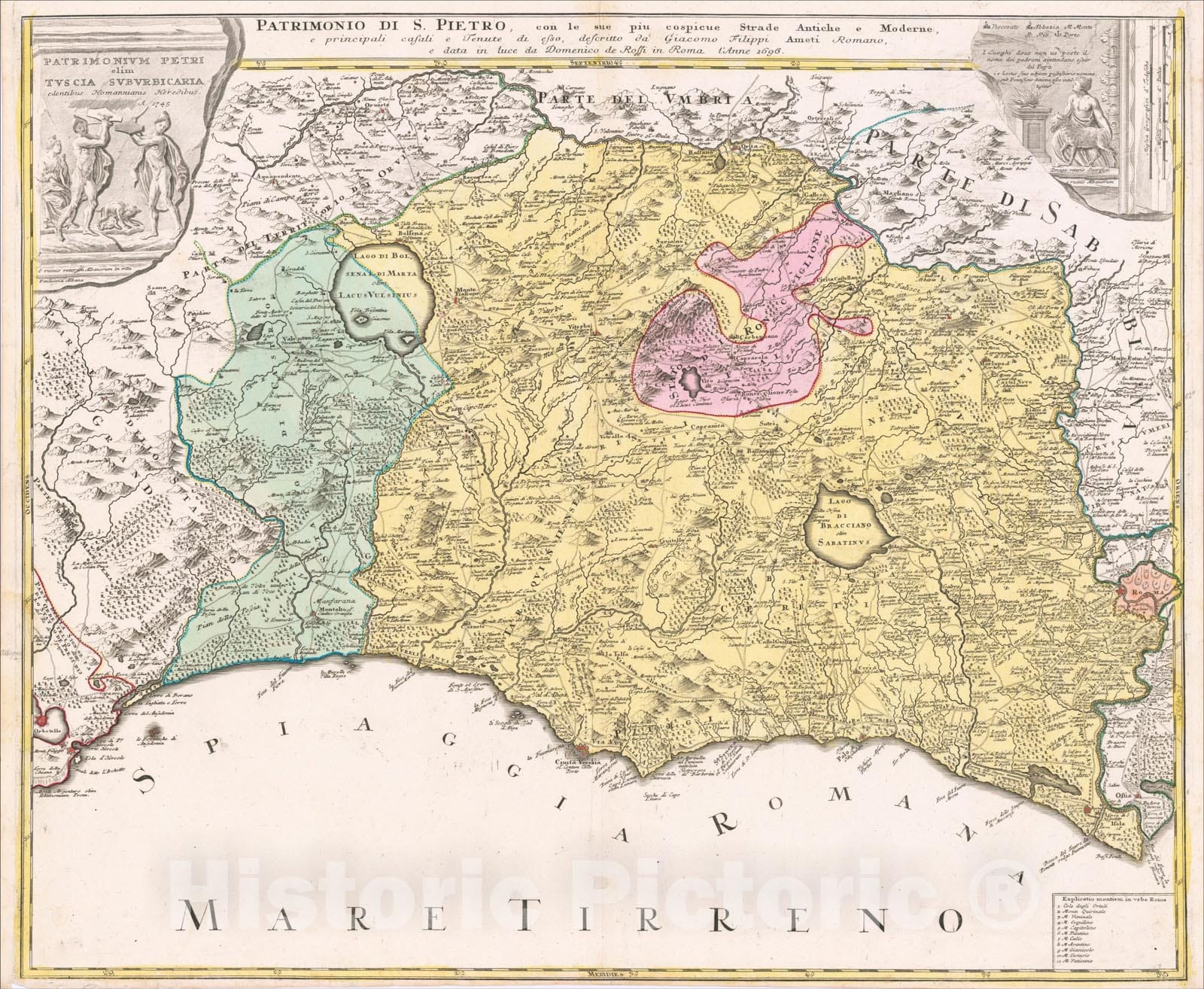 Historic Map : Patrimonio Di S. Pietro, con le sue piu cospicue Strade Antiche e Moderne, e principali casali e Teunute di esso, 1696, 1745, Homann Heirs, Vintage Wall Art
