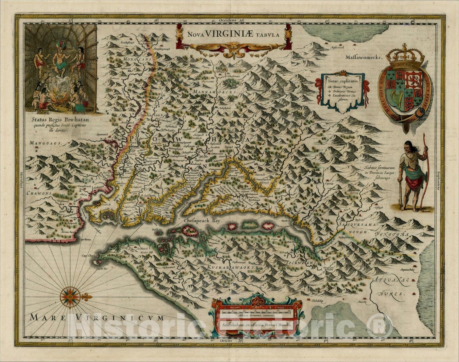 Historic Map : Nova Virginiae Tabula, 1630, Henricus Hondius, Vintage Wall Art