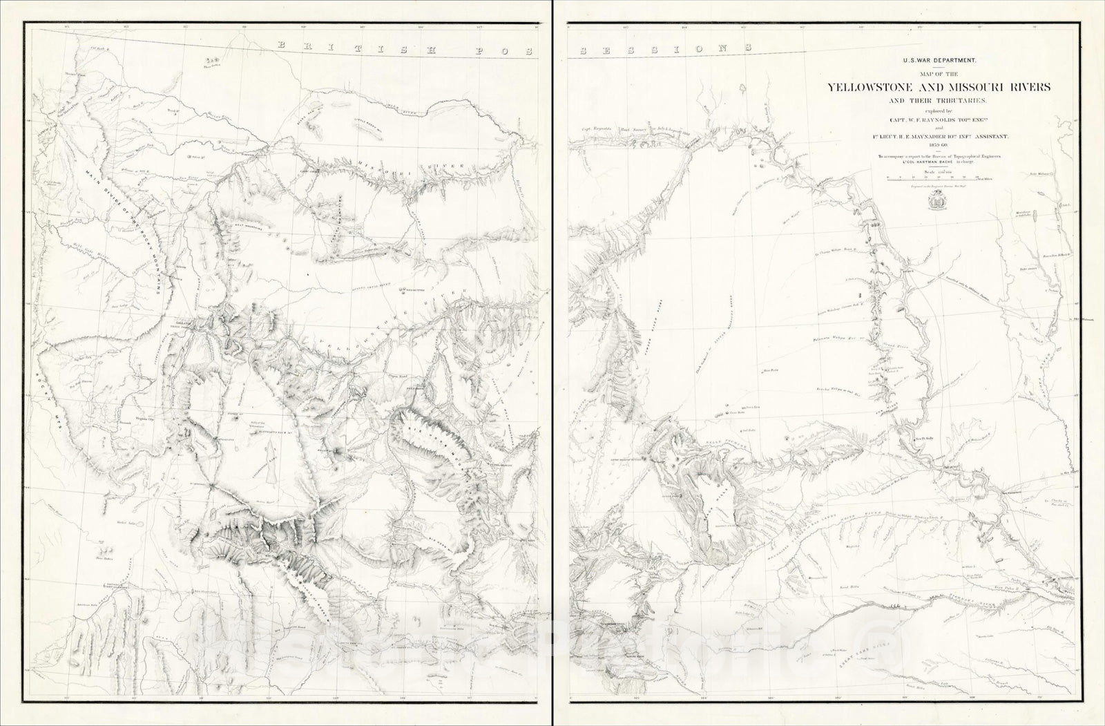 Historic Map : U.S. War Department. -- Map of the Yellowstone And Missouri Rivers And Their Tributaries Explored, 1859-60., c1867, , Vintage Wall Art