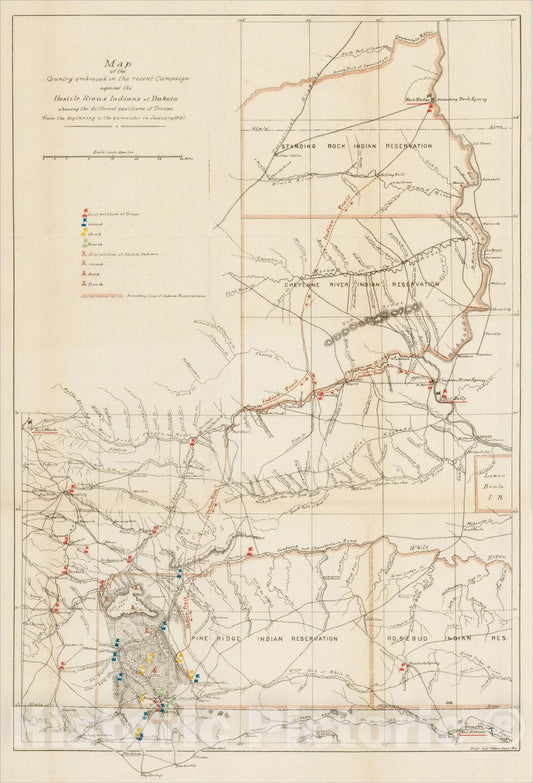 Historic Map : Campaign against the Hostile Sioux Indians of Dakota, 1892, Engineers Office, Department of Missouri, Vintage Wall Art
