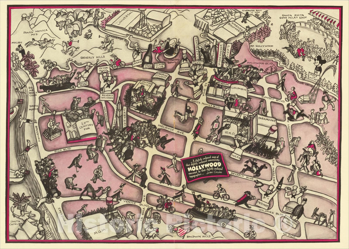 Historic Map : A slightly cockeyed map of the that slightly cockeyed community of Hollywood executed by that slightly cockeyed topographer, John Groth, 1937, v2, Vintage Wall Art