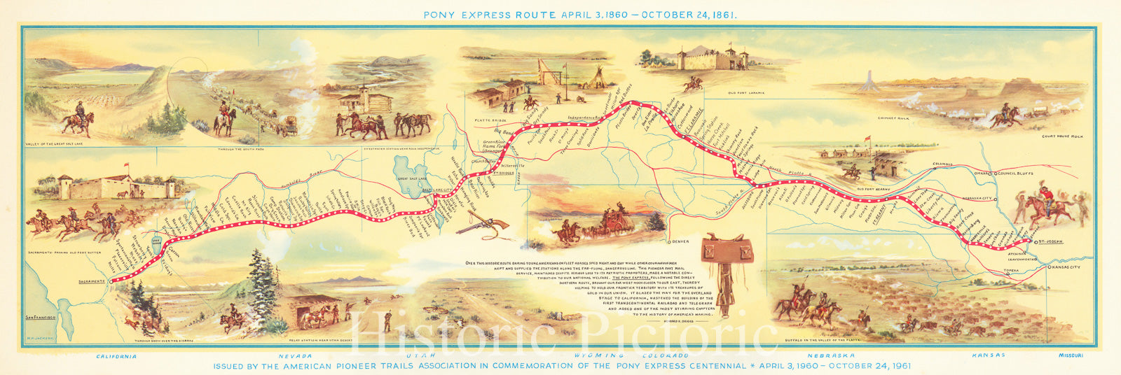 Historic Map : Pony Express Route April 3, 1860 - October 24, 1861, 1960, William Henry Jackson, Vintage Wall Art