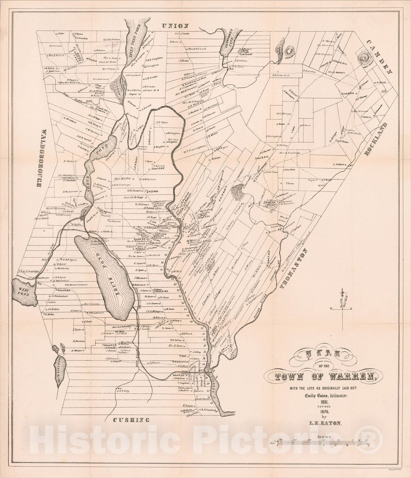 Historic Map : Plan of the Town of Warren with the Lots as Originally Laid Out. Emily Eaton, Delineator. 1851, Revised 1876, by L. E. Eaton., 1876, Emily Eaton, Vintage Wall Art