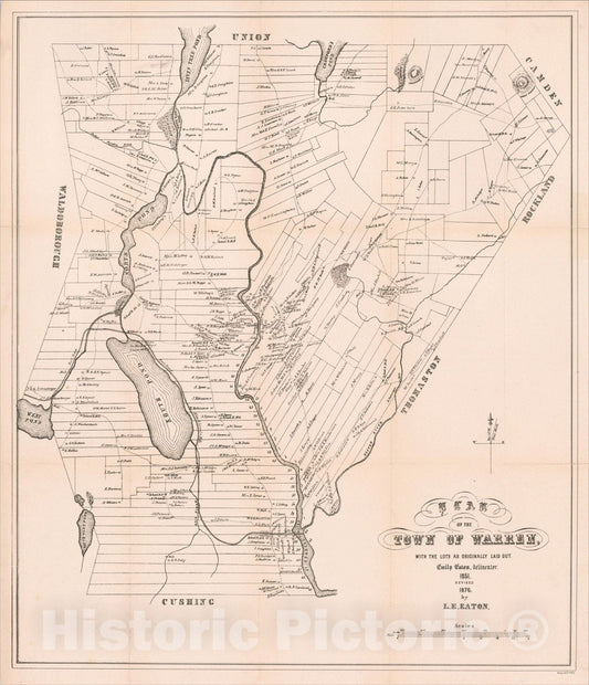 Historic Map : Plan of the Town of Warren with the Lots as Originally Laid Out. Emily Eaton, Delineator. 1851, Revised 1876, by L. E. Eaton., 1876, Emily Eaton, Vintage Wall Art