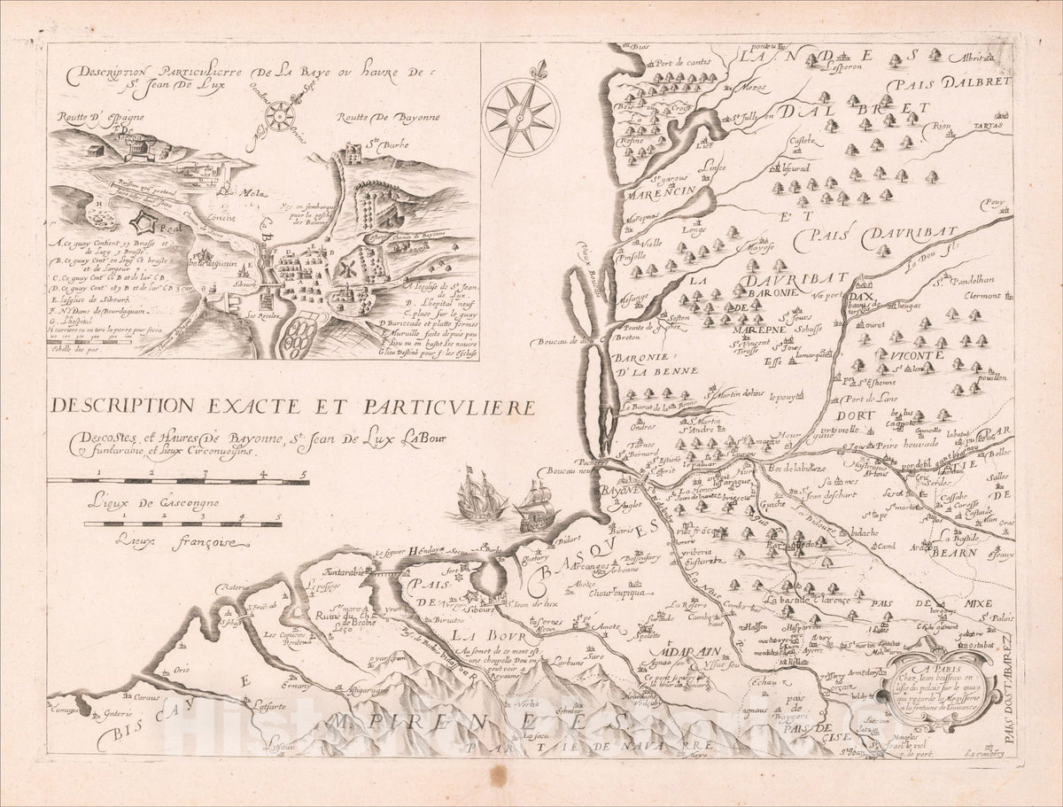 Historic Map : Description Exacte et Particuliere Des Costes et Havres De Bayonne, St. Jean De Lux LaBour fimtarabie, et Lieux Circonvoisins, 1642, Vintage Wall Art