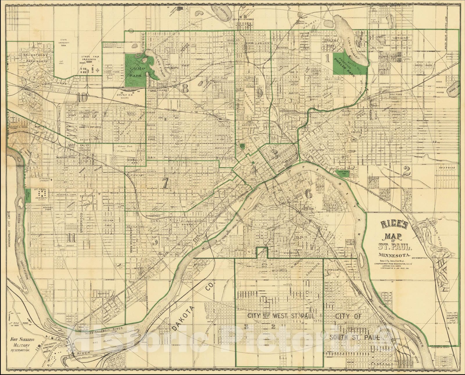 Historic Map : Rice's Map of St. Paul, Minnesota, 1891 (Revised for 1896), 1896, G. Jay Rice, Vintage Wall Art