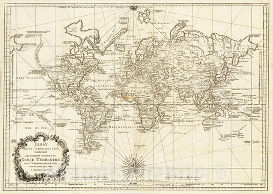 Historic Map : Essay D'une Carte Reduite Contenant les parties connues du Globe Terrestre, 1748, Jacques Nicolas Bellin, Vintage Wall Art