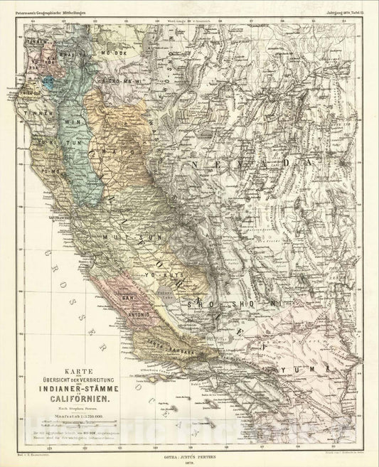 Historic Map : [The Indian Tribes of California] Karte ?ersicht zur Verbreitung der Indianer-st?me in Kalifornien, 1879, Augustus Herman Petermann, Vintage Wall Art