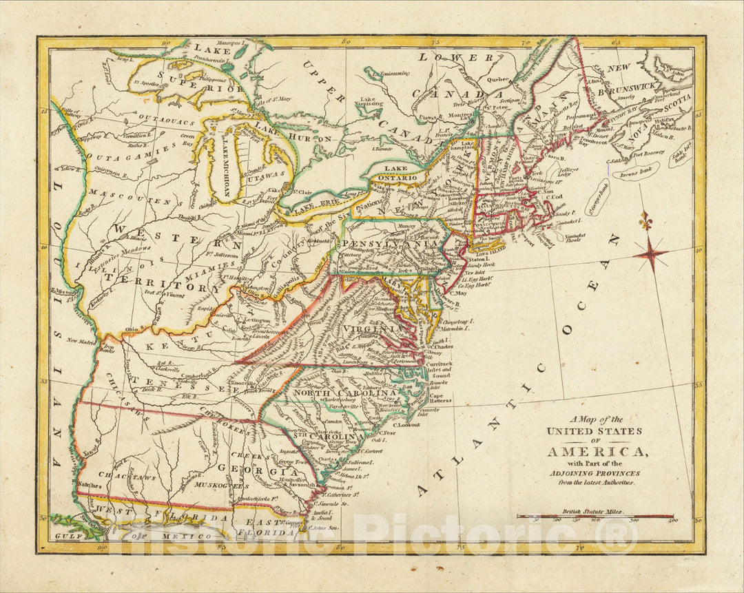 Historic Map : A Map of the United States of America, with Part of the Adjoining Provinces from the latest Authorities, 1800, John Cooke, Vintage Wall Art