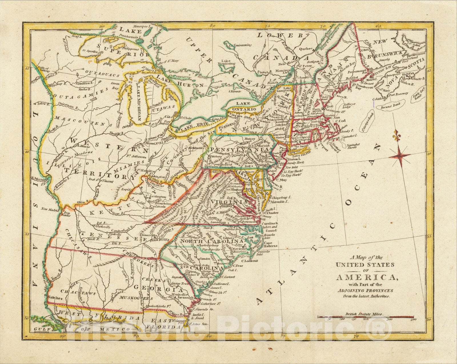 Historic Map : A Map of the United States of America, with Part of the Adjoining Provinces from the latest Authorities, 1800, John Cooke, Vintage Wall Art