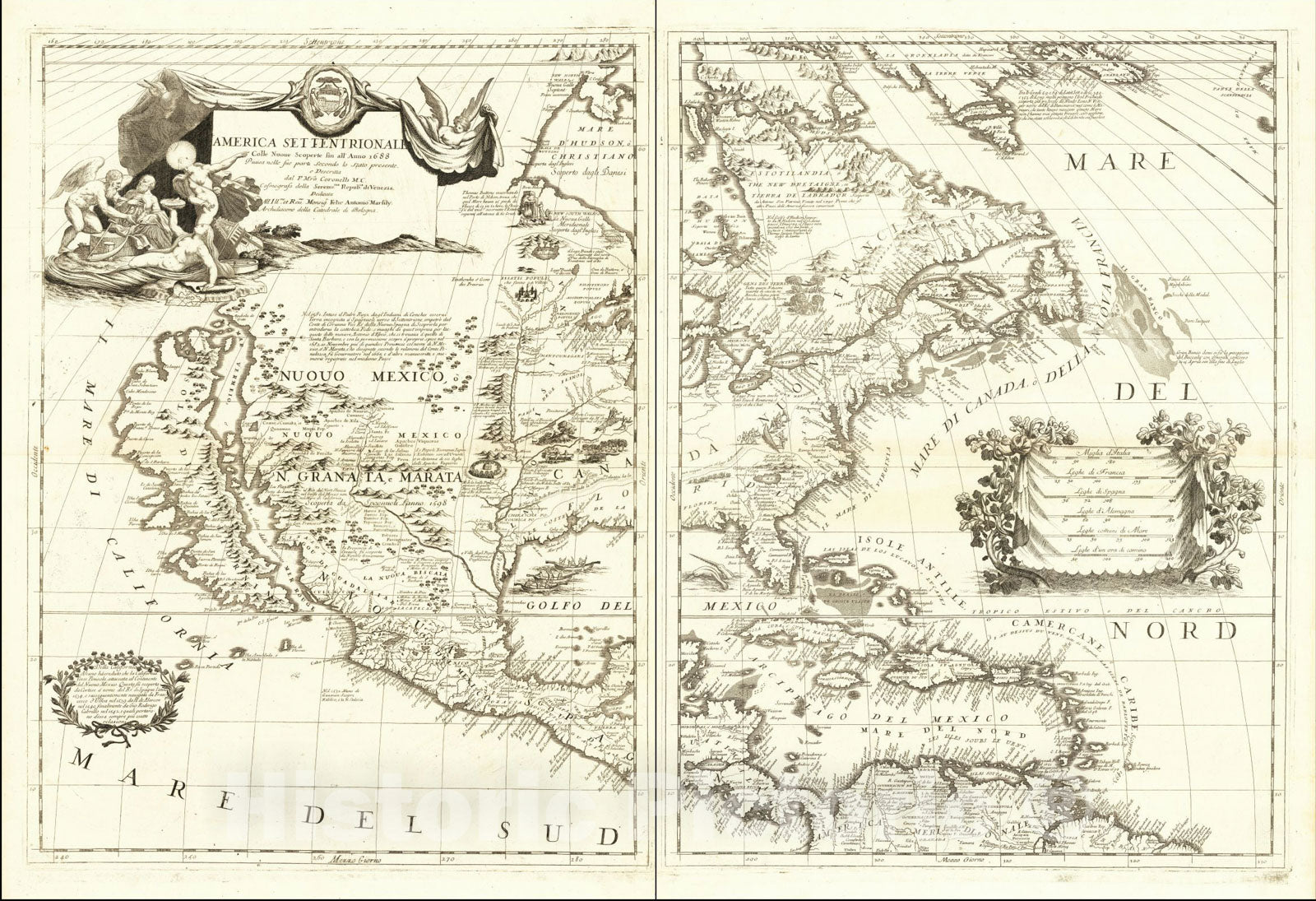Historic Map : America Settentrionale Colle Nuove Scoperte Sin All Anno 1688, 1688, Vincenzo Maria Coronelli, Vintage Wall Art