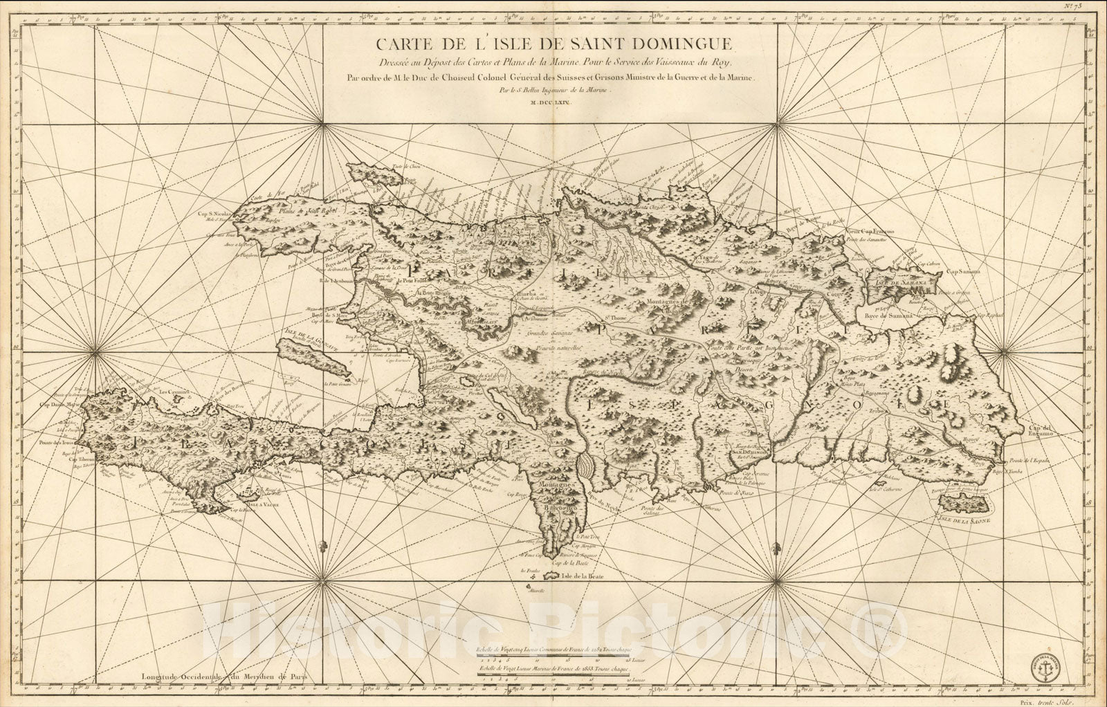 Historic Map : Carte De L'Isle De Saint Domingue dressee au Depost des Cartes et Plans de la Marine, 1764, Jacques Nicolas Bellin, Vintage Wall Art
