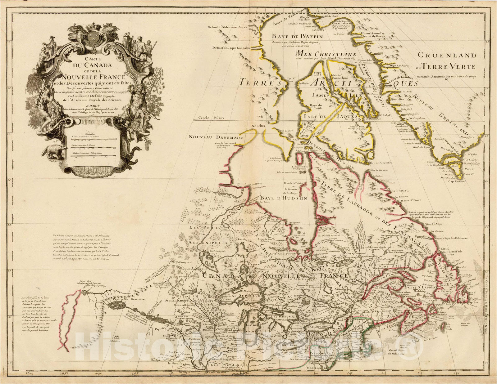 Historic Map : Carte Du Canada ou de la Nouvelle France et des Decouvertes qui y ont ete faits, 1703, 1703, Guillaume De L'Isle, Vintage Wall Art