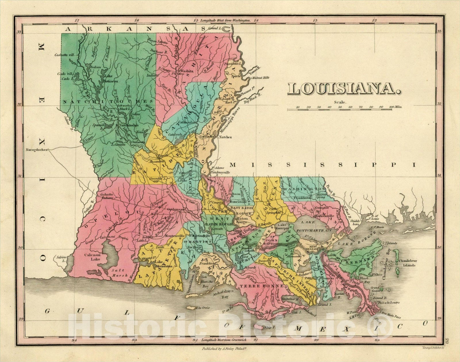 Historic Map : Louisiana, 1824, Anthony Finley, Vintage Wall Art