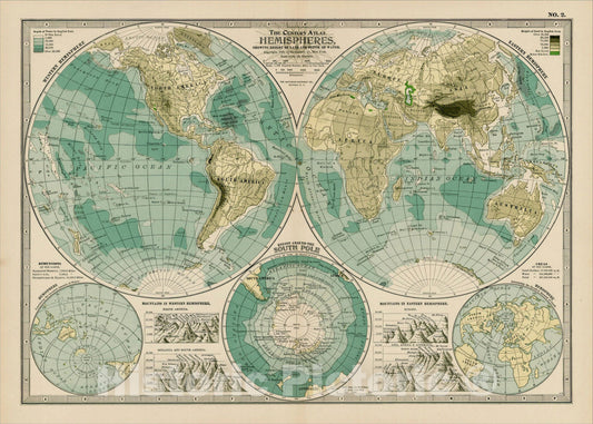 Historic Map : Hemispheres, Showing Heights of Land and Depth of Water. (with Polar Projections, etc.)., 1897, The Century Company, Vintage Wall Art