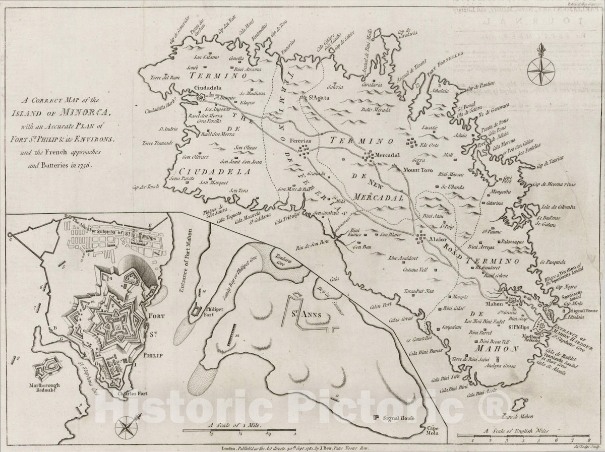 Historic Map : A Correct Map of the Island of Minorca, with an Accurate Plan of Fort St. Philip & its Environs, 1781, v2, Vintage Wall Art