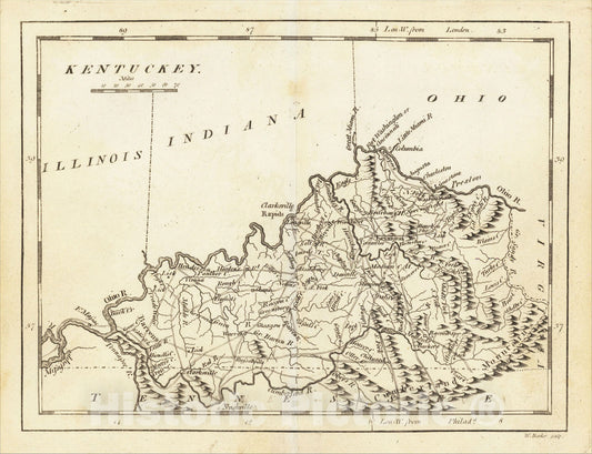 Historic Map : Kentuckey, c1805, Mathew Carey, Vintage Wall Art
