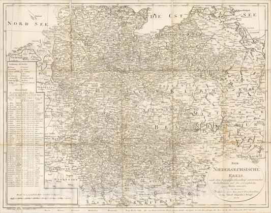 Historic Map : Der Niedersaechsische Kreis, nach dem beygefugten Verzeichniss astronomischer Beobachtungen, 1804, Adam Gottlieb Schneider, Vintage Wall Art